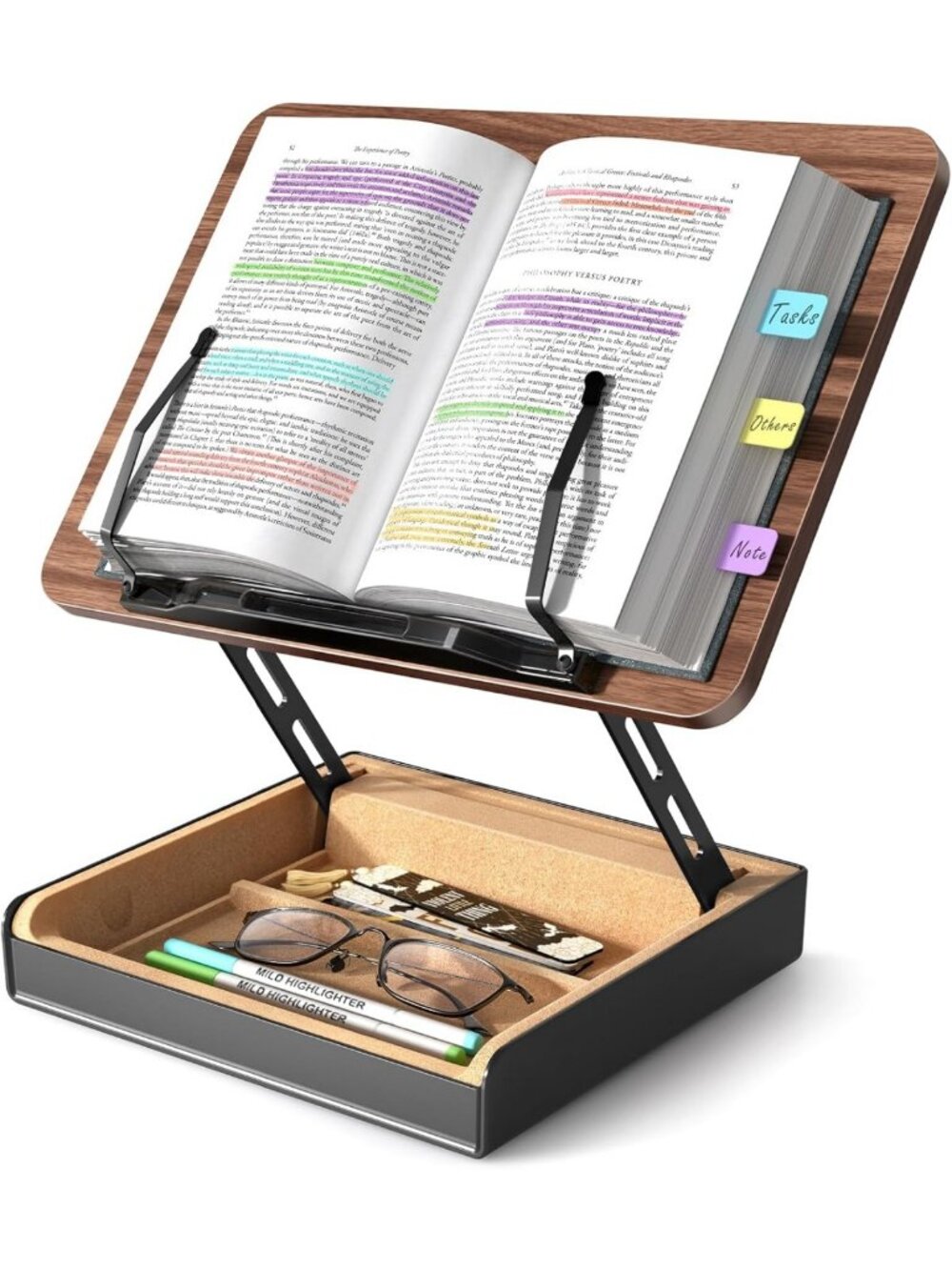 Adjustable Wooden Book Stand with Storage | Hands-Free Reading & Recipe Holder